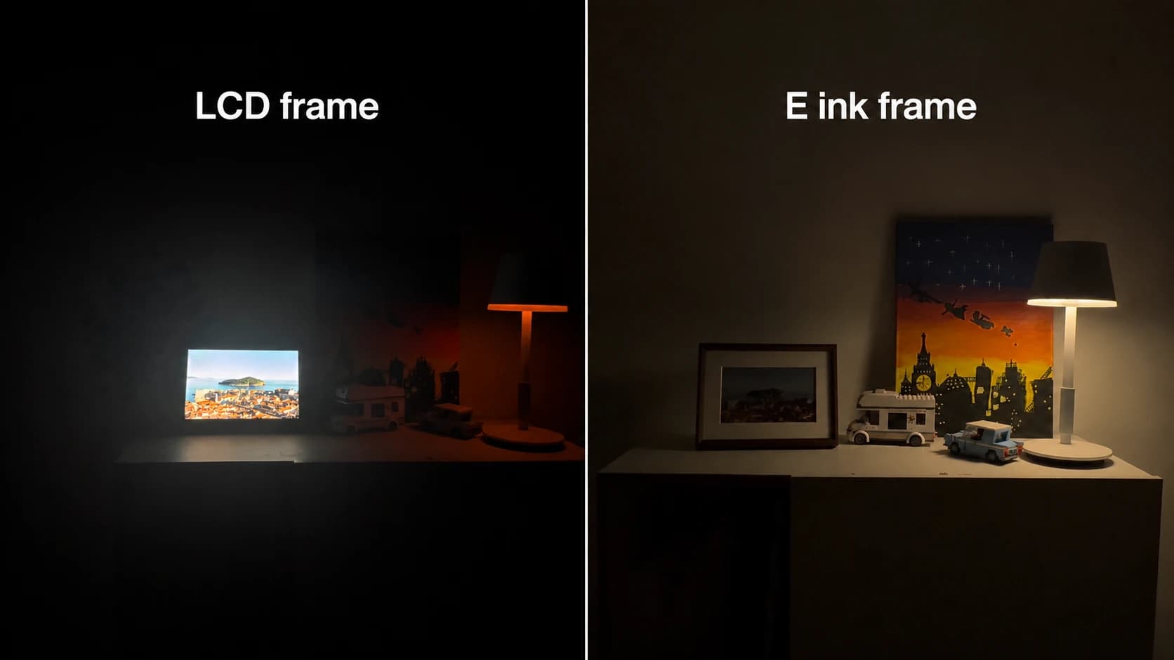 Side by side in a dark room: an LCD frame glows brightly, the e-ink MelonFrame looks like a printed picture