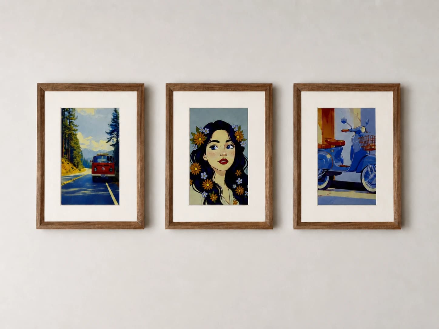 Three walnut MelonFrames on a wall
