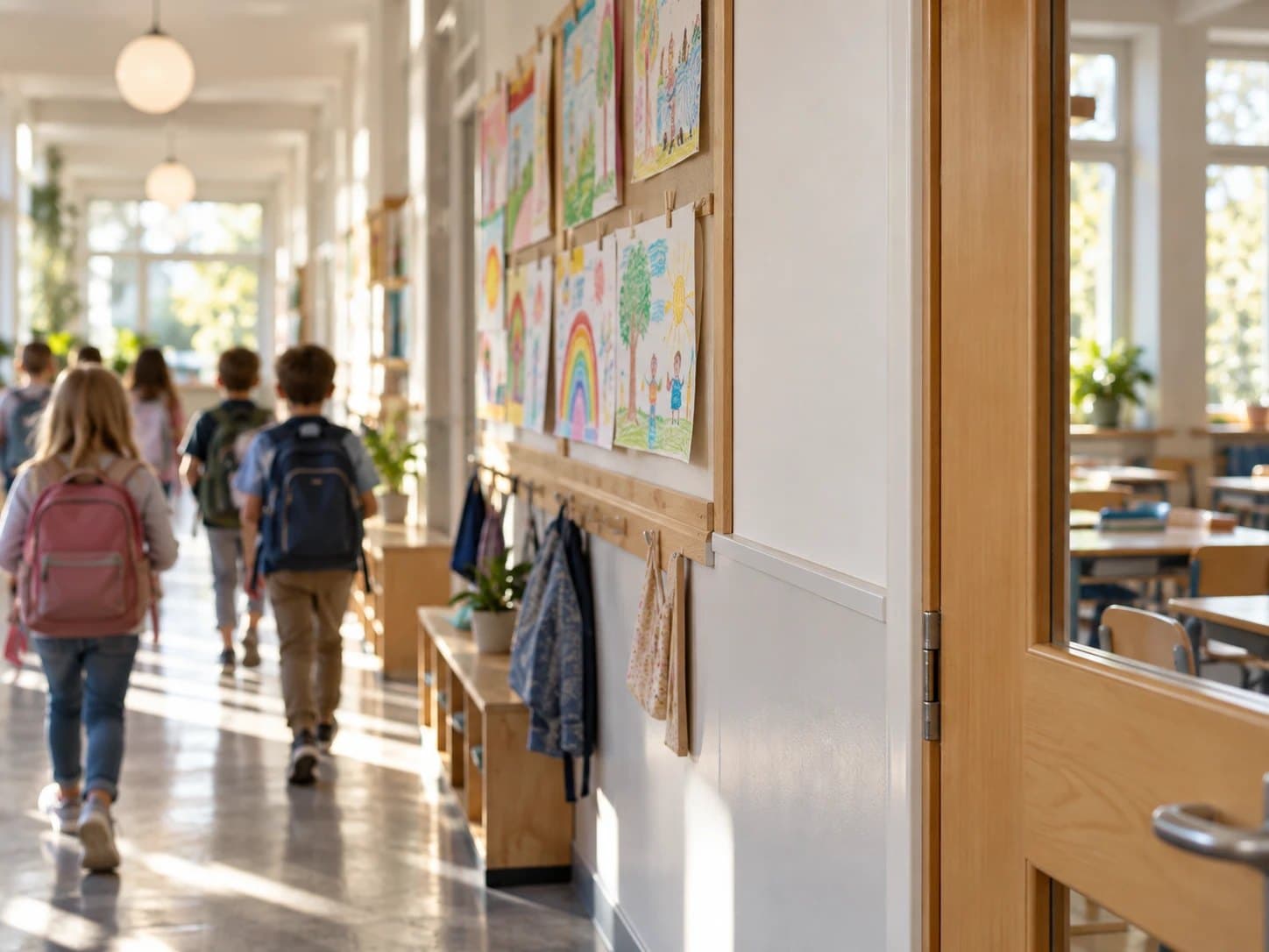 Bright school corridor with children's drawings and pupils walking to class