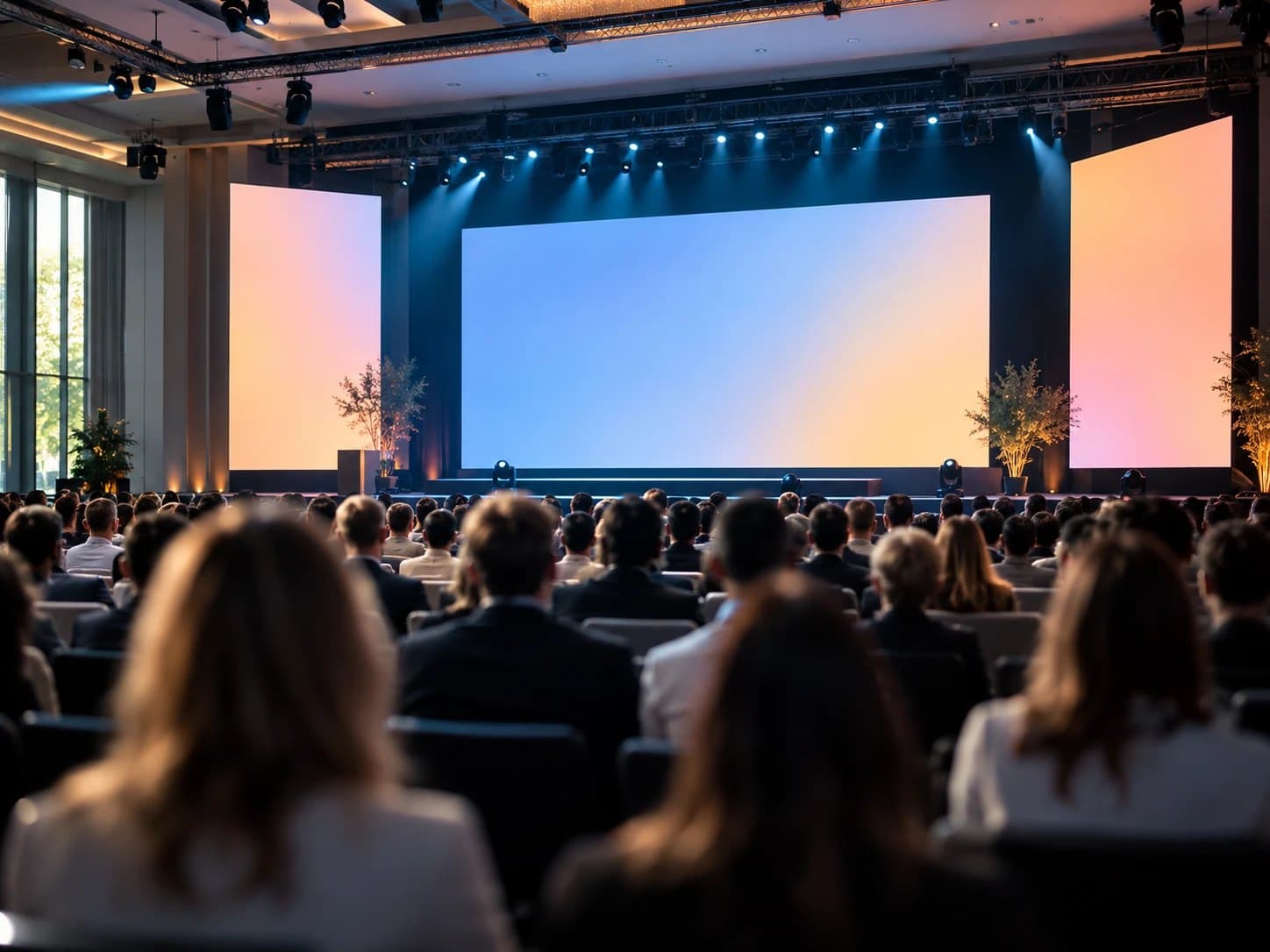 Conference hall with large stage screens and an audience seen from behind