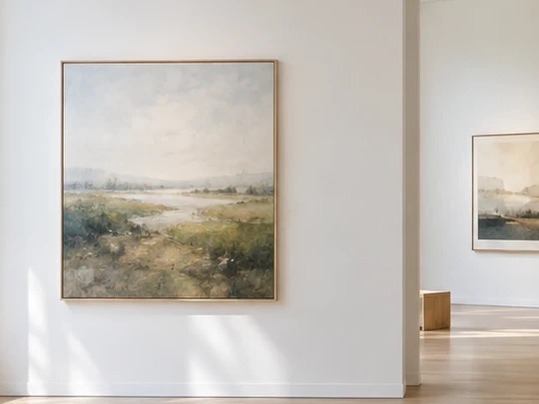 Landscape painting on a white gallery wall with daylight on the floor