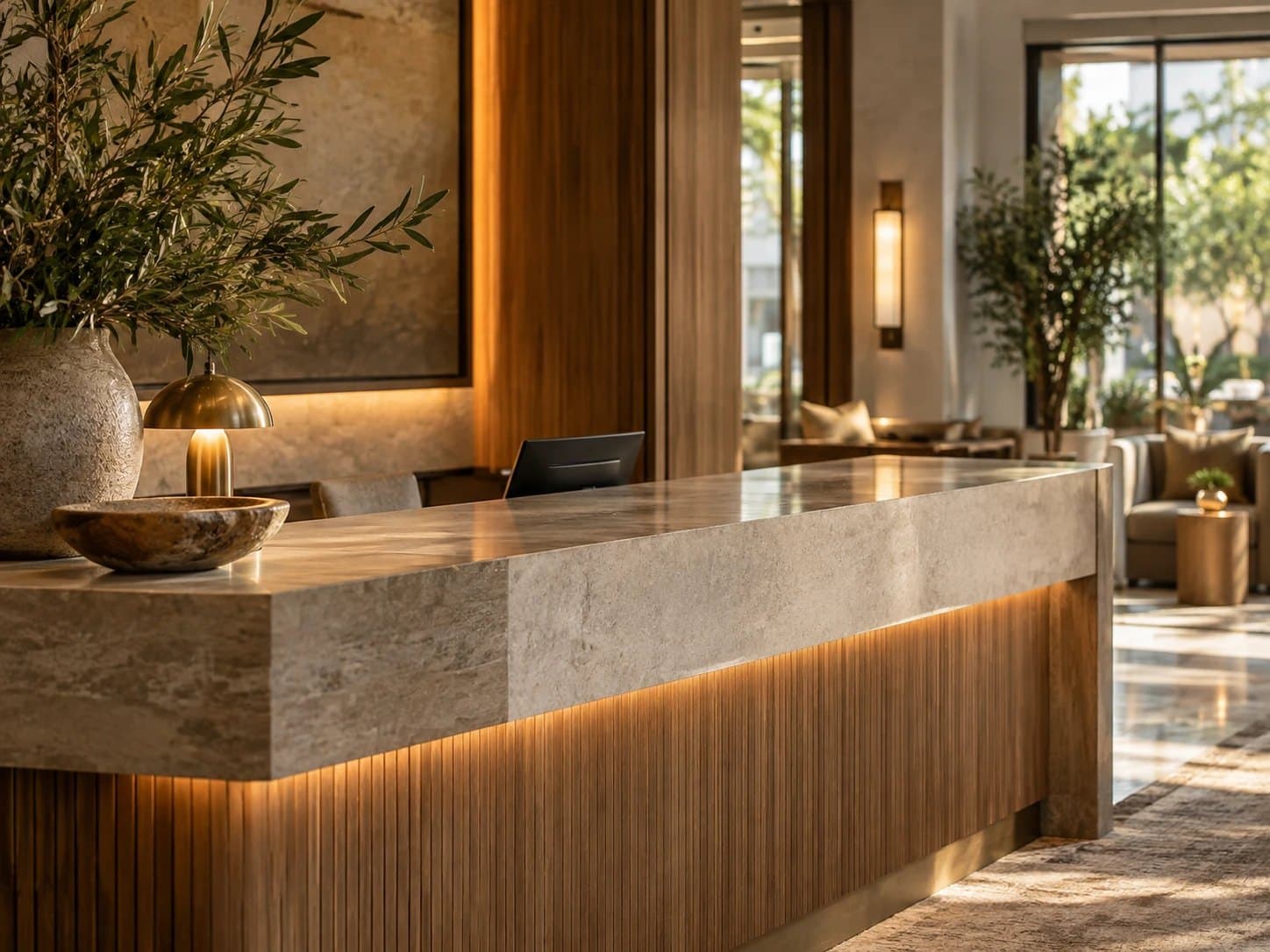 Hotel reception desk in stone and wood with warm lighting