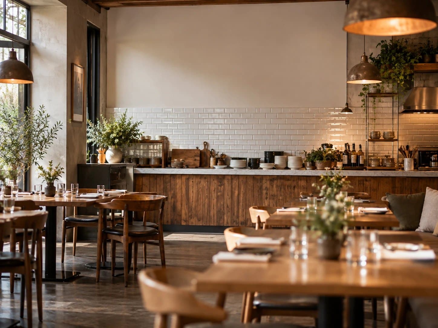 Restaurant with wooden tables in front of a white-tiled counter