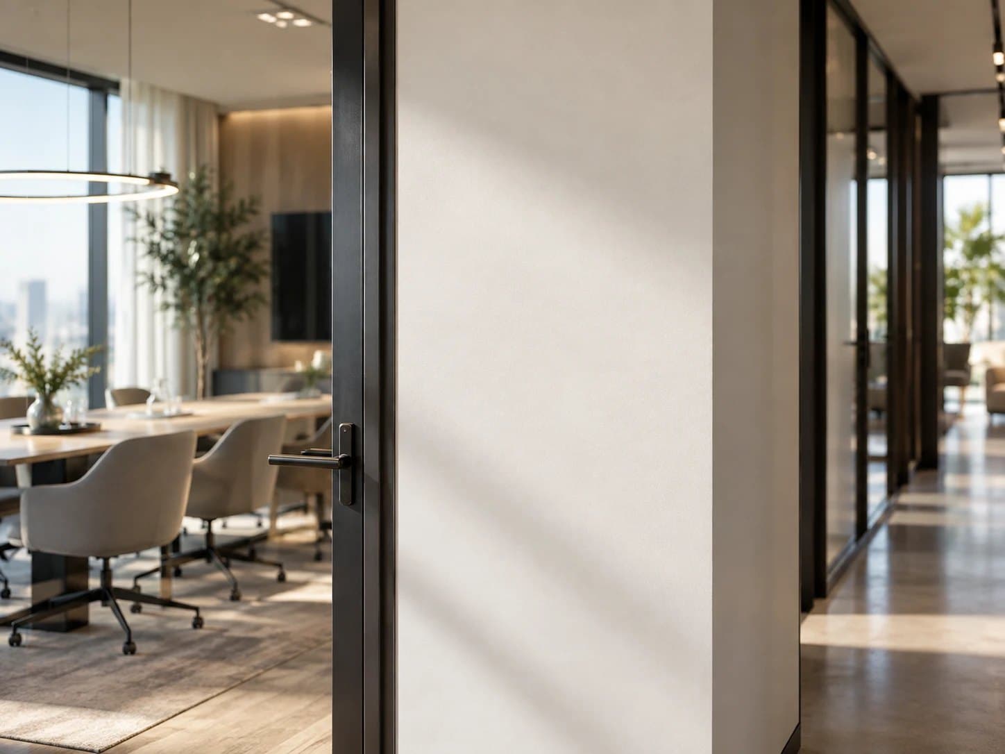 Office corridor beside a glass meeting room with a long table